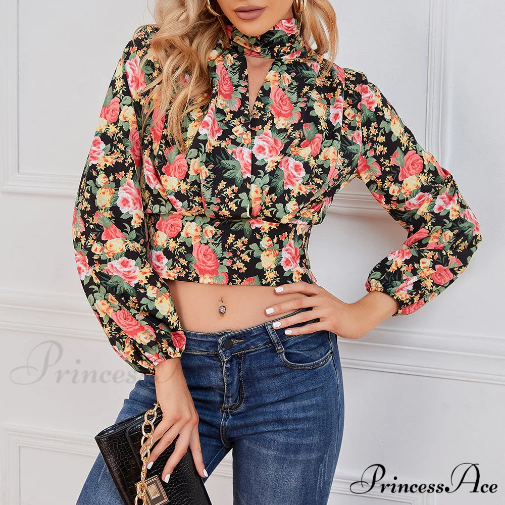 Design Waist Flowered Smocked Blouse