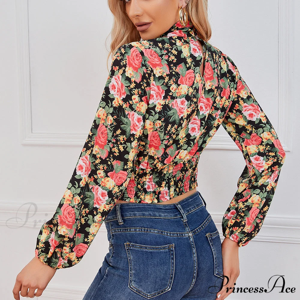 Design Waist Flowered Smocked Blouse - Image 2