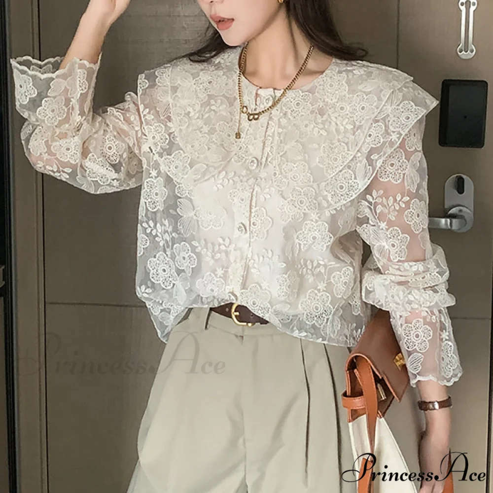 Casual Elegant Oversized Up Neckline Pan Ruffles Button Blouses 2024 Arm Peter Long Blouse Lace Women's Top
