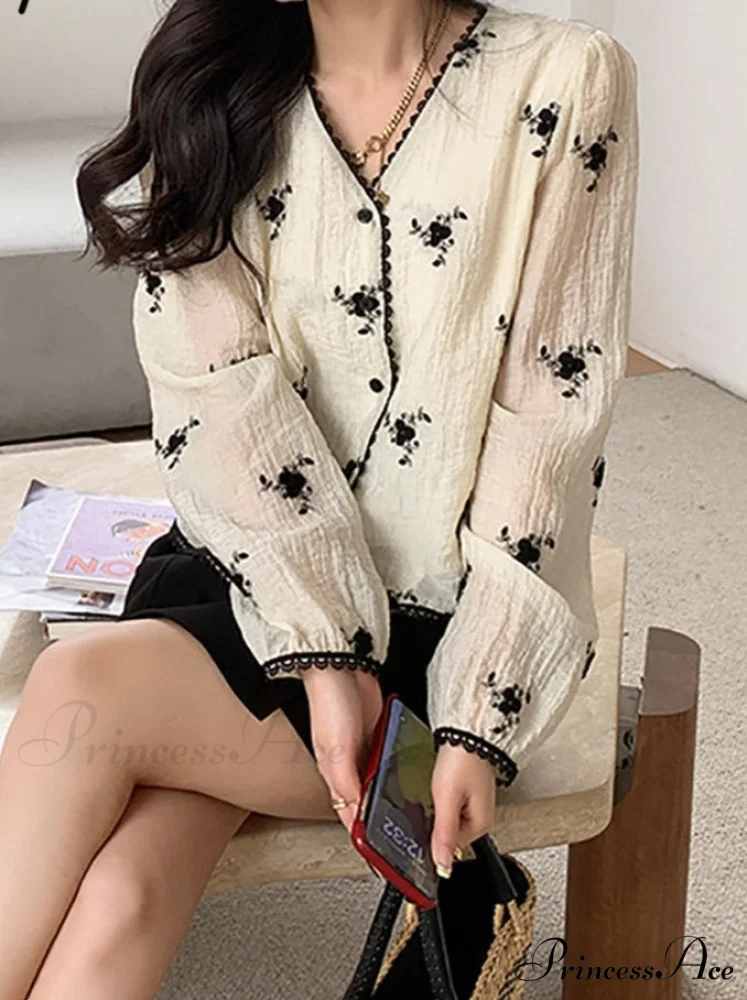 Women's Button Blouse Up 2024 V Spring Neck Long Arm Patterned Casual Top
