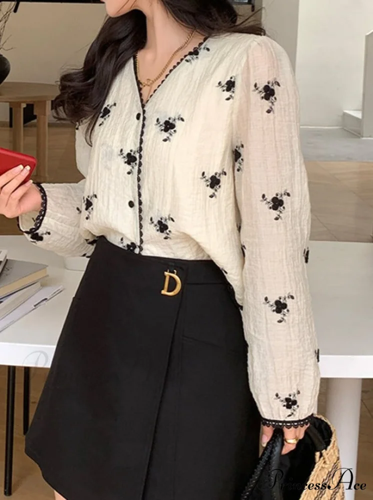Women's Button Blouse Up 2024 V Spring Neck Long Arm Patterned Casual Top - Image 2