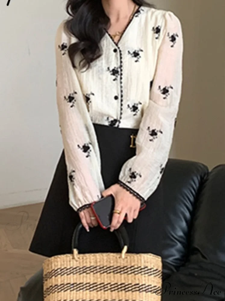 Women's Button Blouse Up 2024 V Spring Neck Long Arm Patterned Casual Top - Image 3