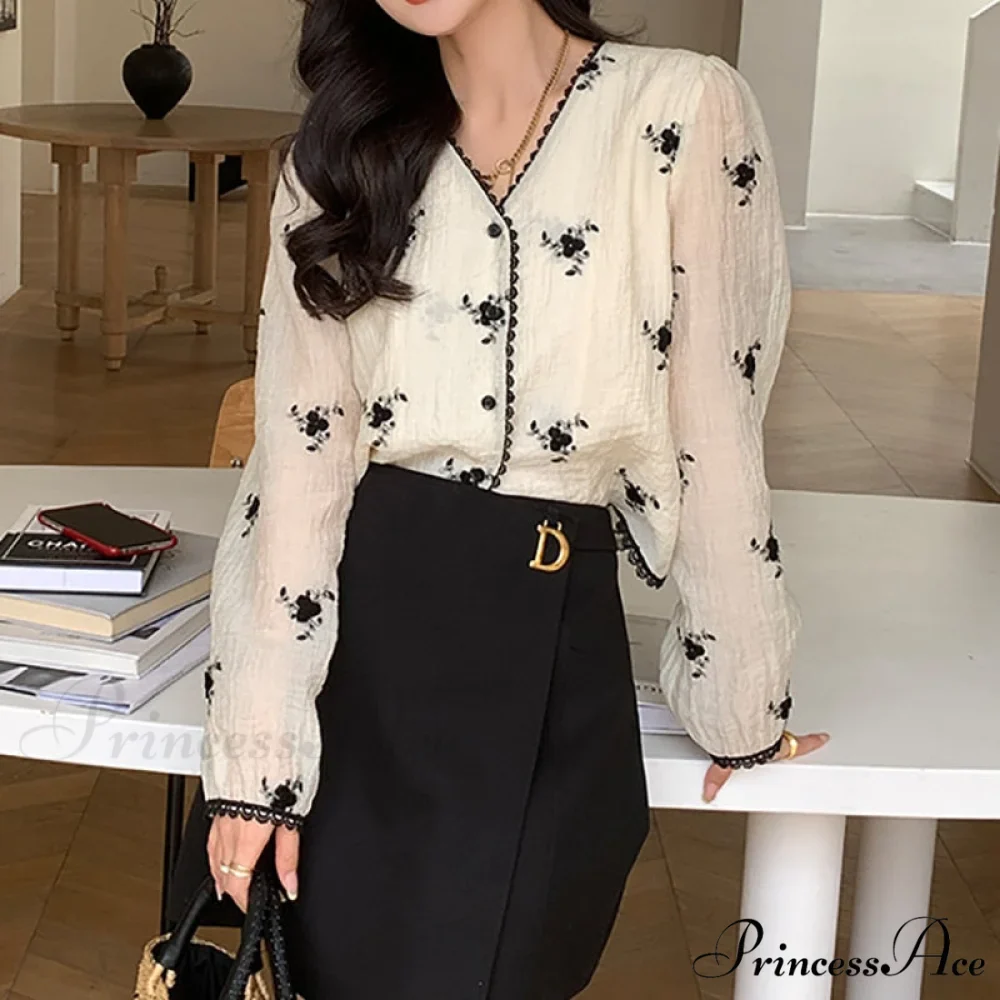 Women's Button Blouse Up 2024 V Spring Neck Long Arm Patterned Casual Top - Image 4
