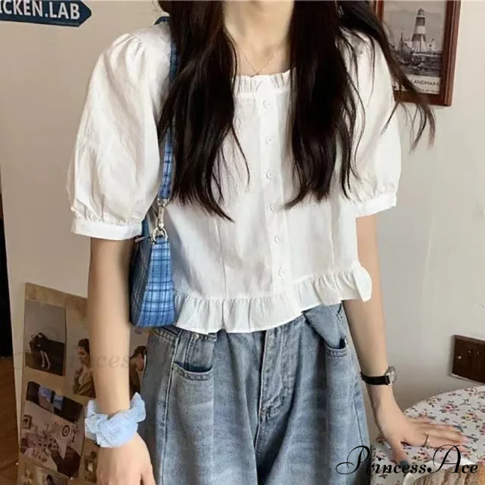 Up Cute Ruffles Women's Waist Button Blouse Clothing High Puff Youth Crop Warm-Season Top White Arm Elegant - Image 3