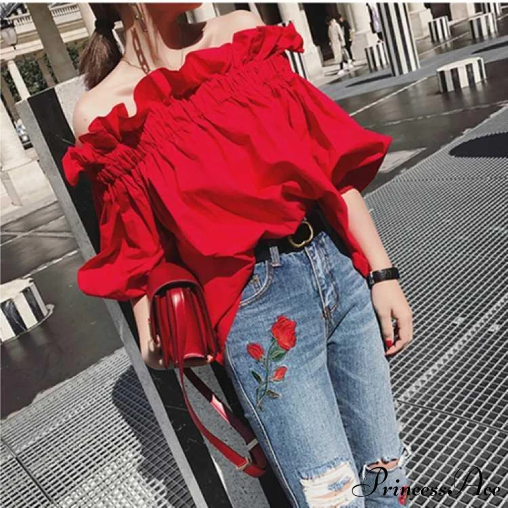 Youth Korean the Designer Fashion Blouses Blouse Arm Luxury Off Woman Puff shoulder Ruffles Tops Elegant New - Image 2