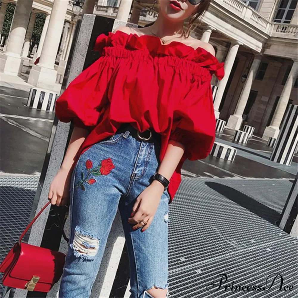 Youth Korean the Designer Fashion Blouses Blouse Arm Luxury Off Woman Puff shoulder Ruffles Tops Elegant New - Image 3