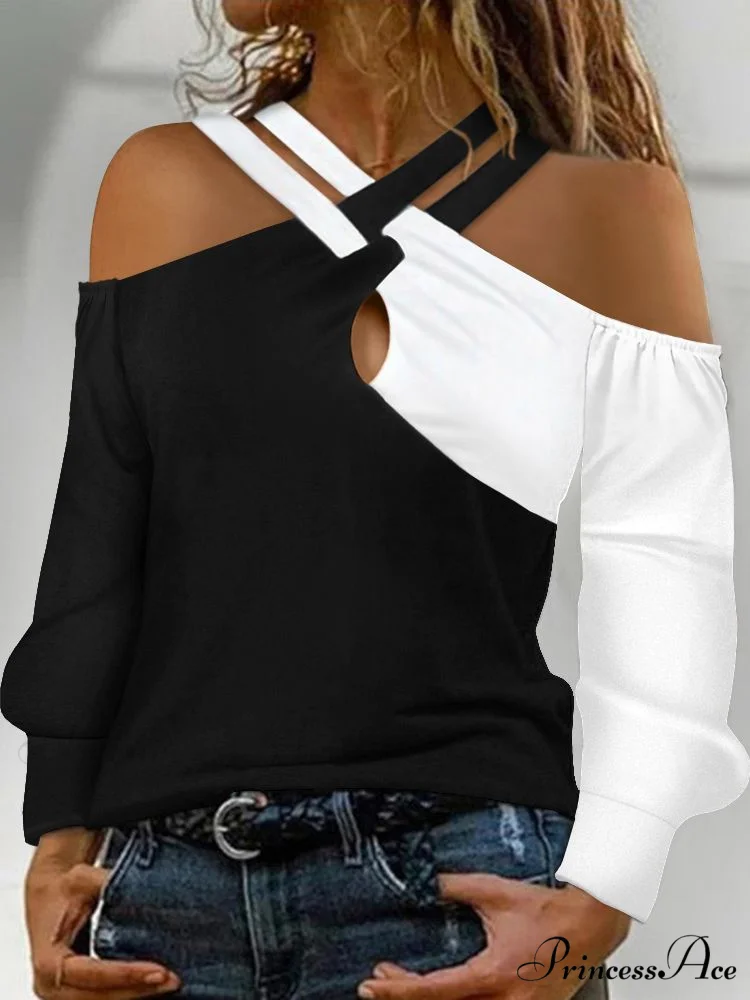 Crisscross Long Colorblock Top Arm Shoulder Patchwork Blouse Women's Cold Clothing