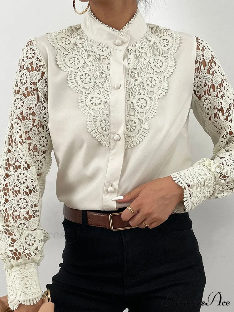 Up Pink Arm Lace Vintage Spliced Button Blouse Women's Long Casual Top - Image 6