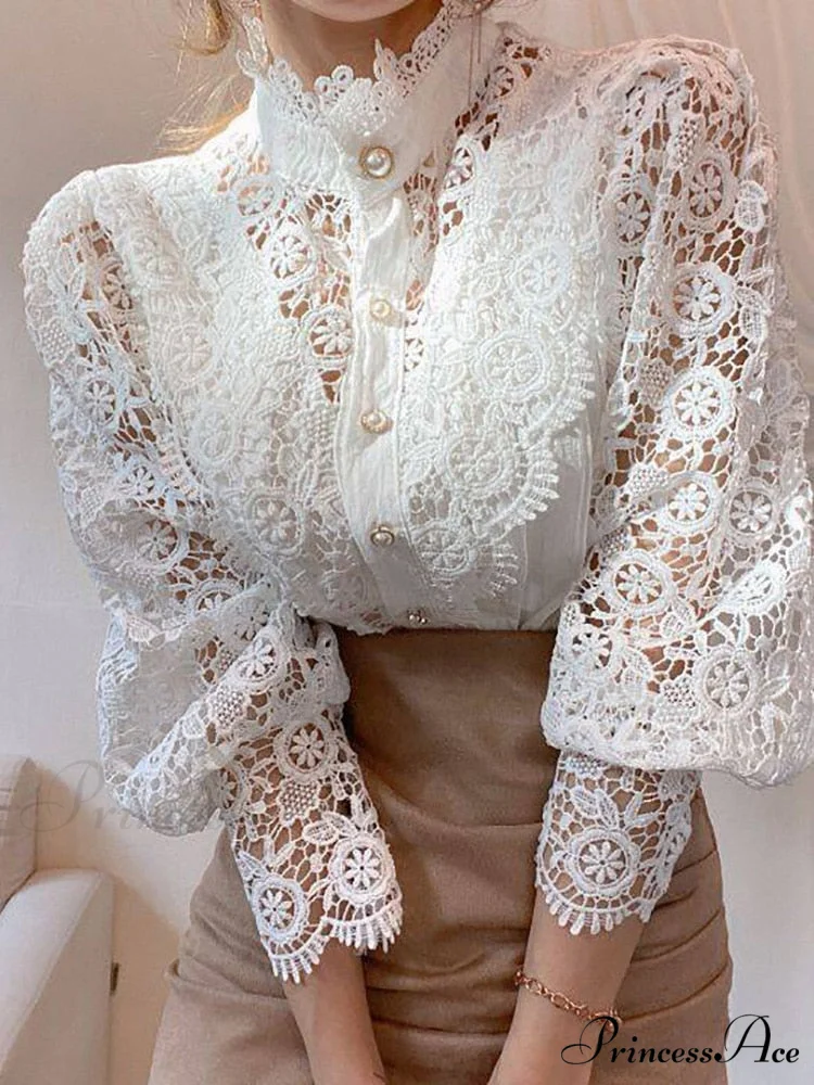 Up Pink Arm Lace Vintage Spliced Button Blouse Women's Long Casual Top - Image 8
