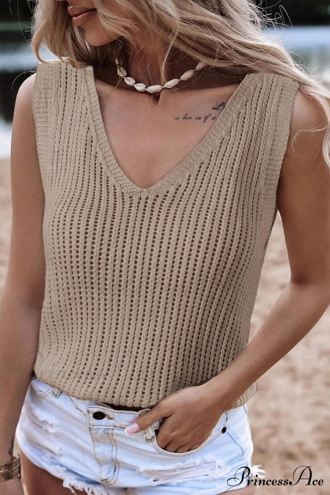 in V Knit Top Neck Tank Khaki