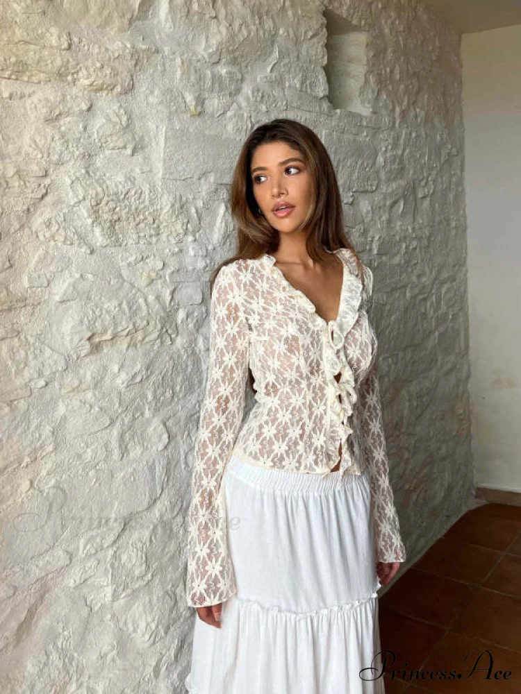 Hollow Fashionable See-Through Mesh Long-Sleeved Women's Lace Top/Cardigan/Blouse