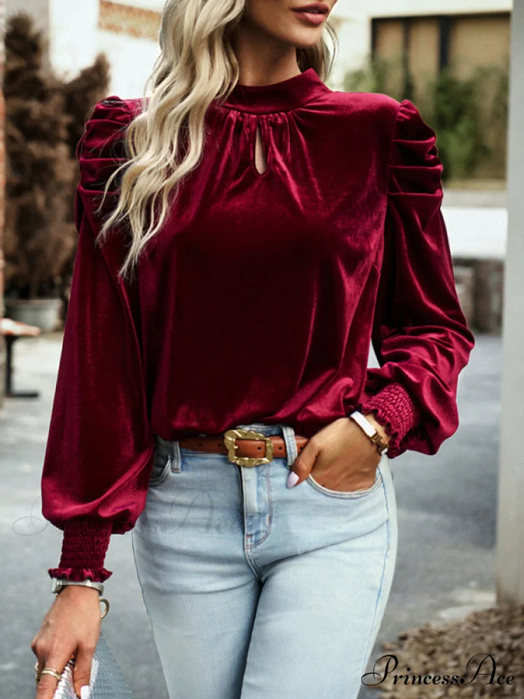 Blouse Turtleneck Puff Gold Bow Arm for Velvet Long Arm Women