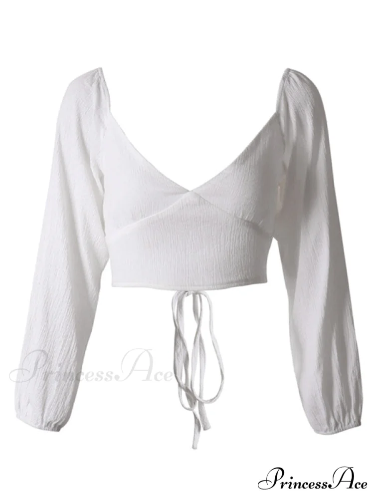 long-sleeved with strap crop top V-neck Women's tie - Image 2