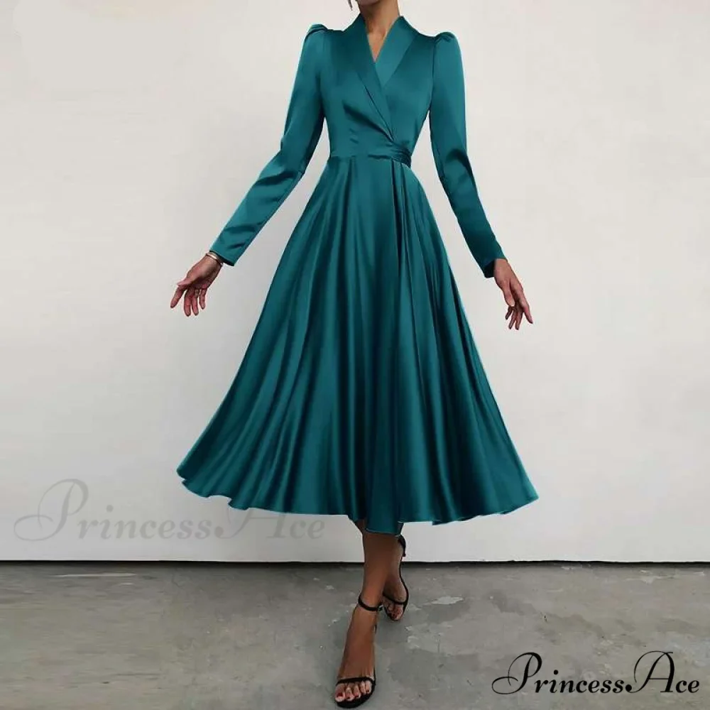 with Autumn Gown Neckline Elegant Folded Satin - Suit Women's Waist Parties Midi Swing for Bandage Vestidos