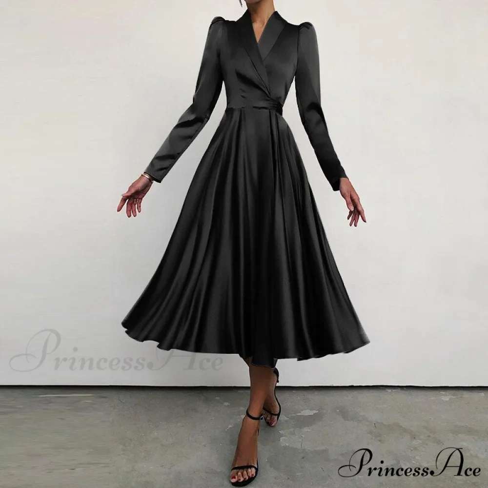 with Autumn Gown Neckline Elegant Folded Satin - Suit Women's Waist Parties Midi Swing for Bandage Vestidos - Image 4