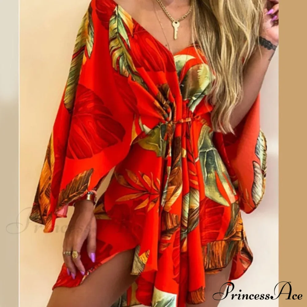 Sexy V-Neck Foliage Design Leopard Elegant Casual Harajuku Lady Arm Warm-Season Gown Mini Lace-Up Batwing Women Irregular Party Dress - Image 2