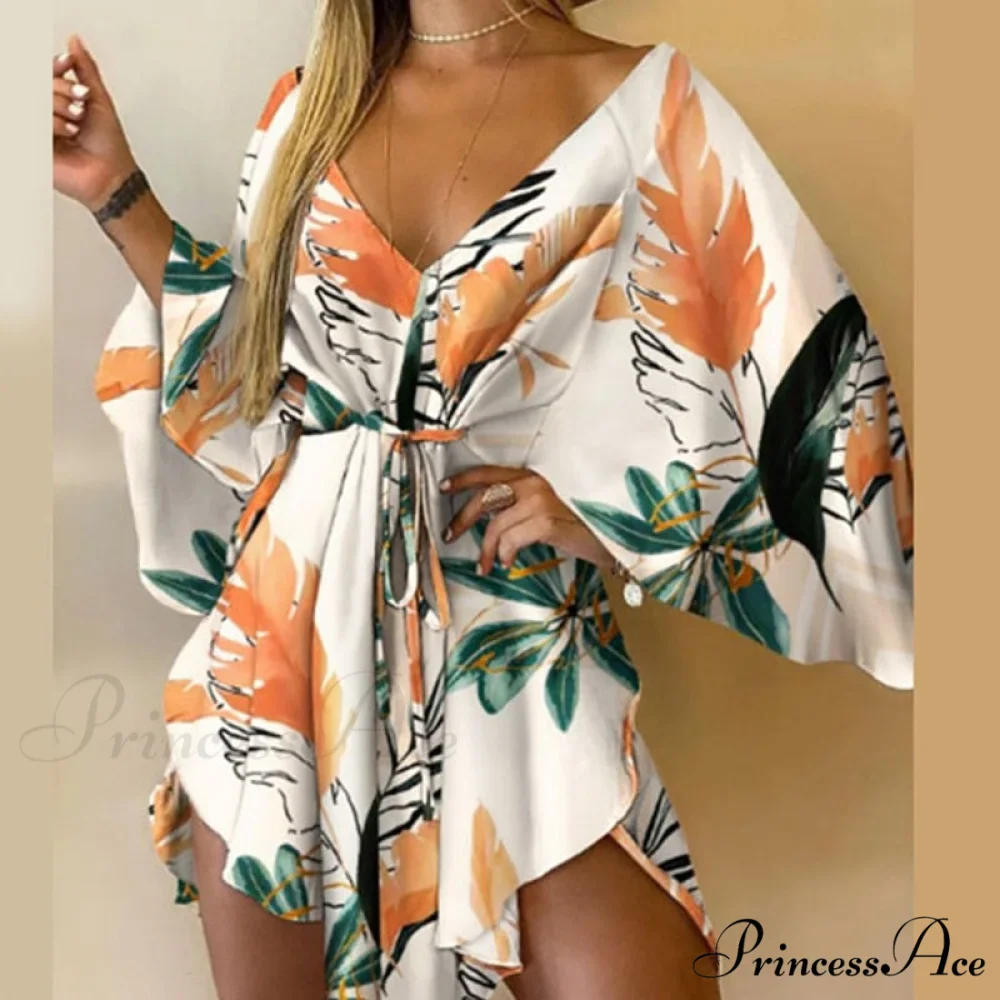 Sexy V-Neck Foliage Design Leopard Elegant Casual Harajuku Lady Arm Warm-Season Gown Mini Lace-Up Batwing Women Irregular Party Dress - Image 3