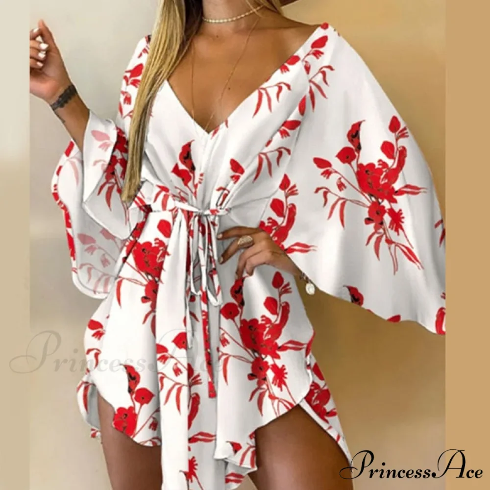 Sexy V-Neck Foliage Design Leopard Elegant Casual Harajuku Lady Arm Warm-Season Gown Mini Lace-Up Batwing Women Irregular Party Dress - Image 4