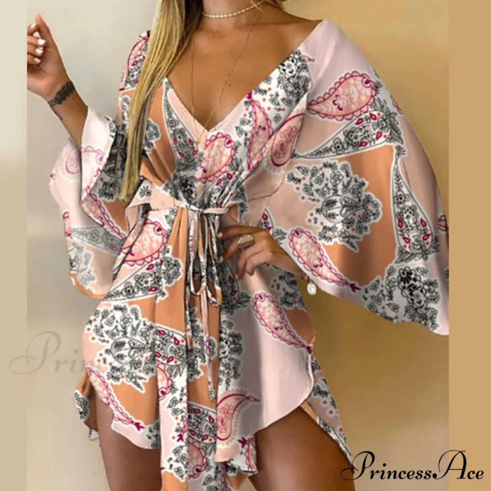 Sexy V-Neck Foliage Design Leopard Elegant Casual Harajuku Lady Arm Warm-Season Gown Mini Lace-Up Batwing Women Irregular Party Dress - Image 6