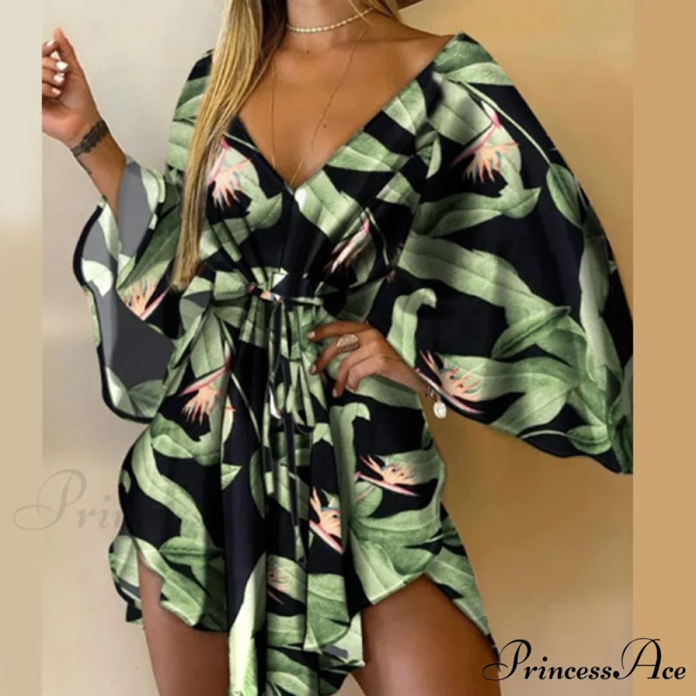 Sexy V-Neck Foliage Design Leopard Elegant Casual Harajuku Lady Arm Warm-Season Gown Mini Lace-Up Batwing Women Irregular Party Dress - Image 8