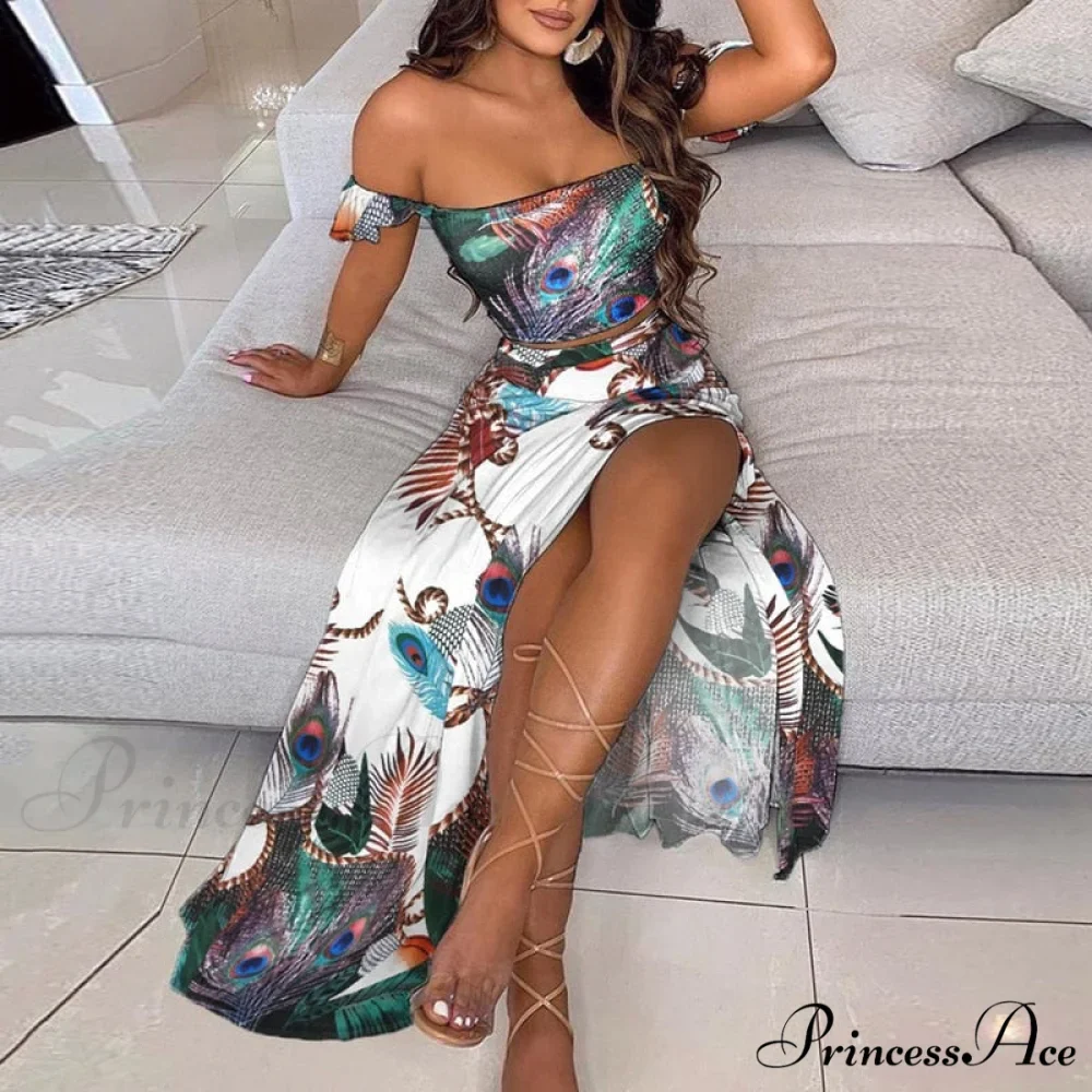 Women's Slash and - Long Warm-Season Top Slit Piece Spring with Shoulder Neck Set Two Off Flowered Party Gown Design Skirts
