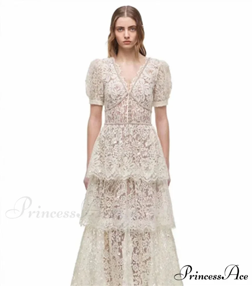 Breasted Arm Sexy Flower Long and Single with Embroidery Tulle Full-Length Warm-Season Party Gown Layer Lace Ruffle Robe