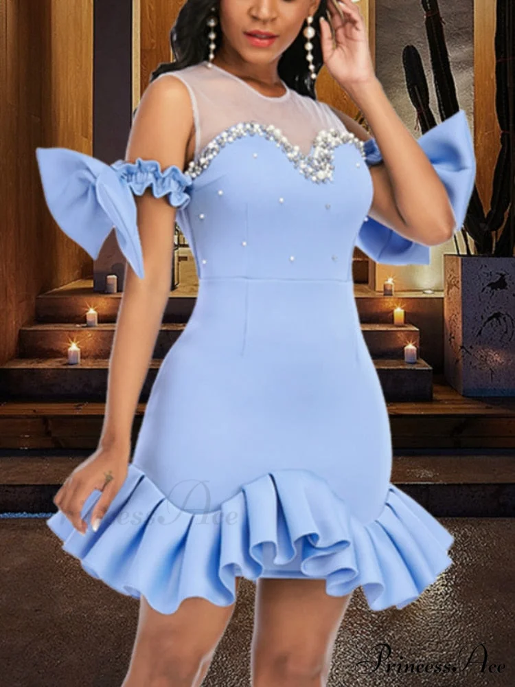 Event Christmas Detail Patchwork Backless Women's Bodycon Bead with Fit Ruffles Design Party Celebrate Mesh Bowtie Gown Vestido