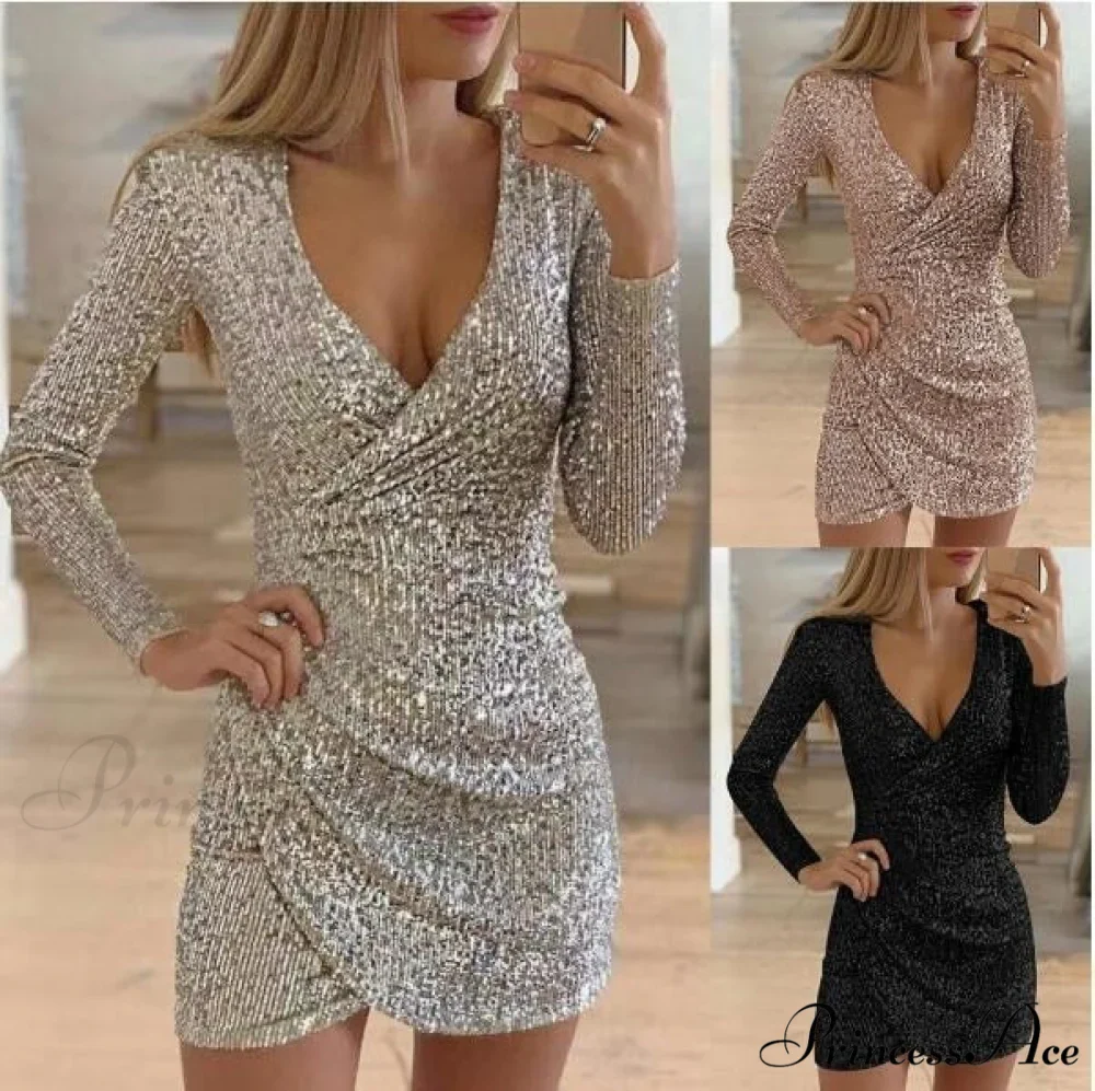 Arm V-Neck Long Women's Party Sequin Elegant Glitter Dress