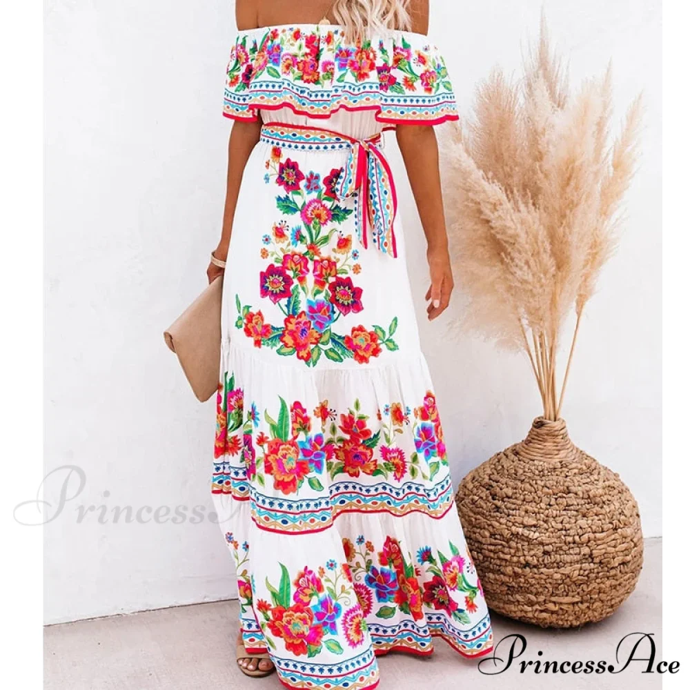 Women Gown Flowered Shoulder Streetwear Warm-Season for Off White - Elegant Casual Party The Long Style