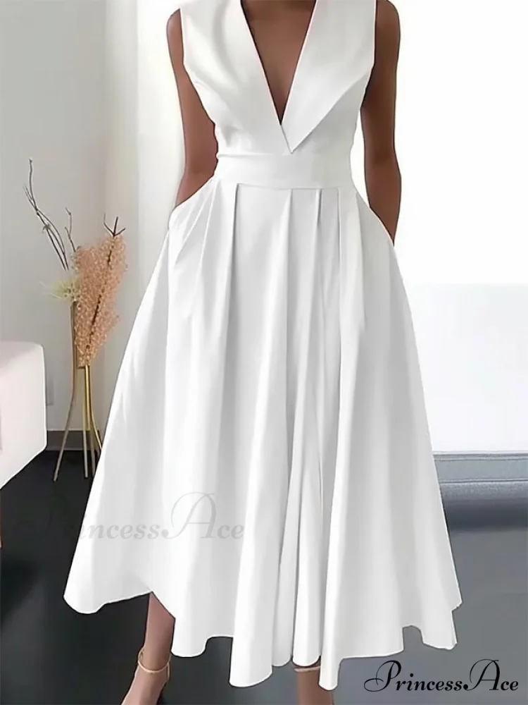 Sleeveless Waist-Cinched Pocketed A-Line Midi Dress