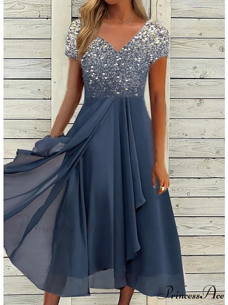 V Patchwork Line Midi A Gown with 2024 Blue Chiffon Navy Color Warm-Season - Neck Women's and Gown Gradient Spring Party - S-3XL
