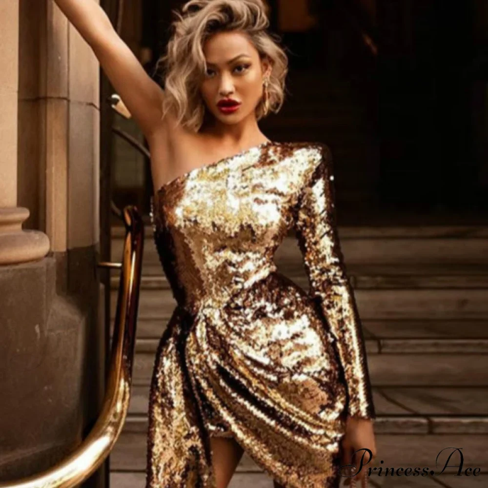 Golden Party Shoulder Sequin One Glitter Dress