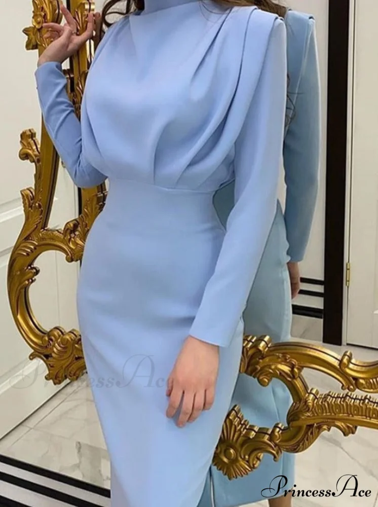 Party Solid Stand Neckline Blue Waist Long Women's Autumn Slim Elegant Arm Ankle Length Dress