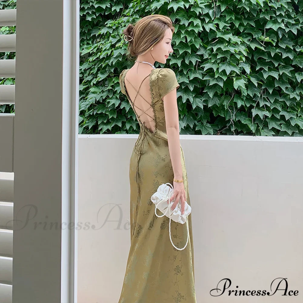 Bodycon for Palace Robe Satin V-Neck Bandage Dresses Party Gown Vestidos Mixi Warm-Season Backless Vintage Prom Lace Green Women