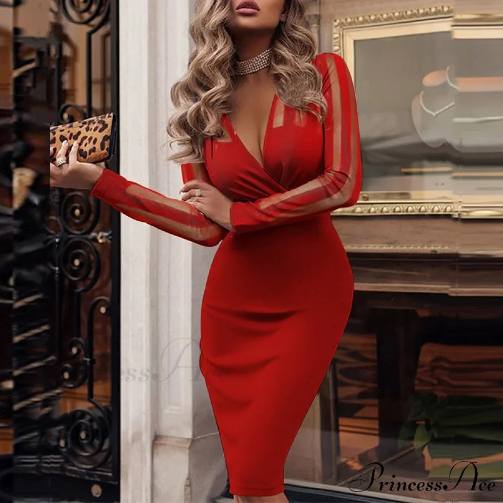 Elegant V Bodycon Sequin Club Party Deep Neck Patchwork with Long Slim Sleeves - Gown Dress - Image 13