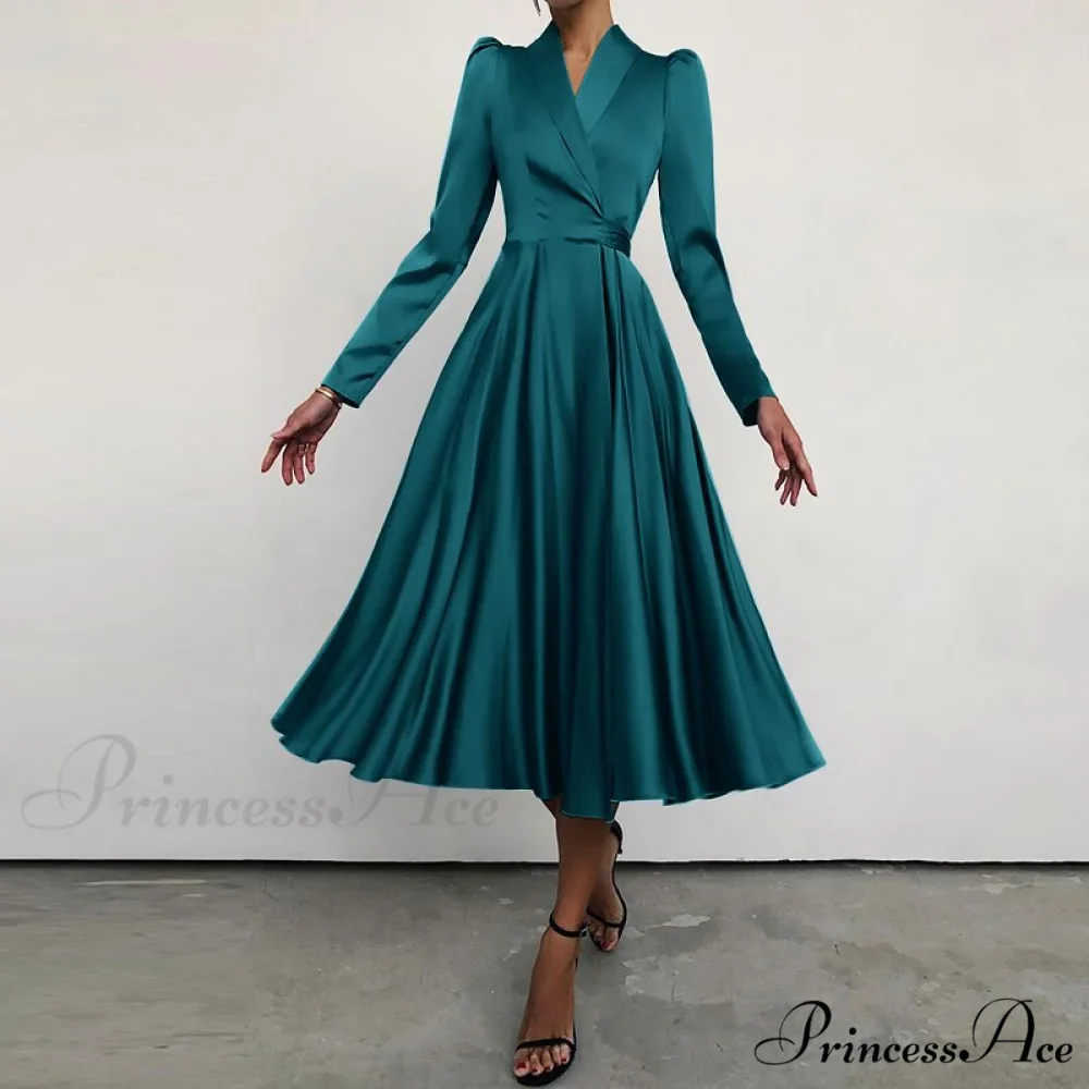 Design Dresses Women Folded of and Neckline Satin - Gown (out for Suit Elegant Autumn with Midi Swing Party stock)