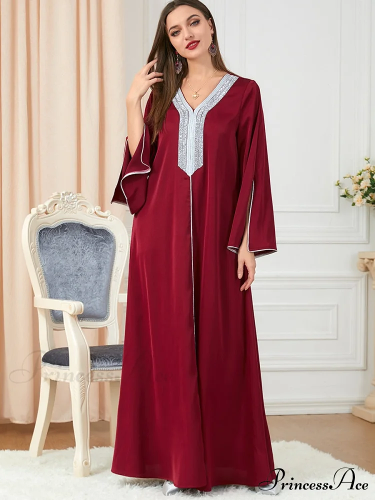 Neck Muslim Longue Full-Length Diamond India Dubai V Robe Vestidos Caftan Party Gown Abaya Women's Prayer Largos
