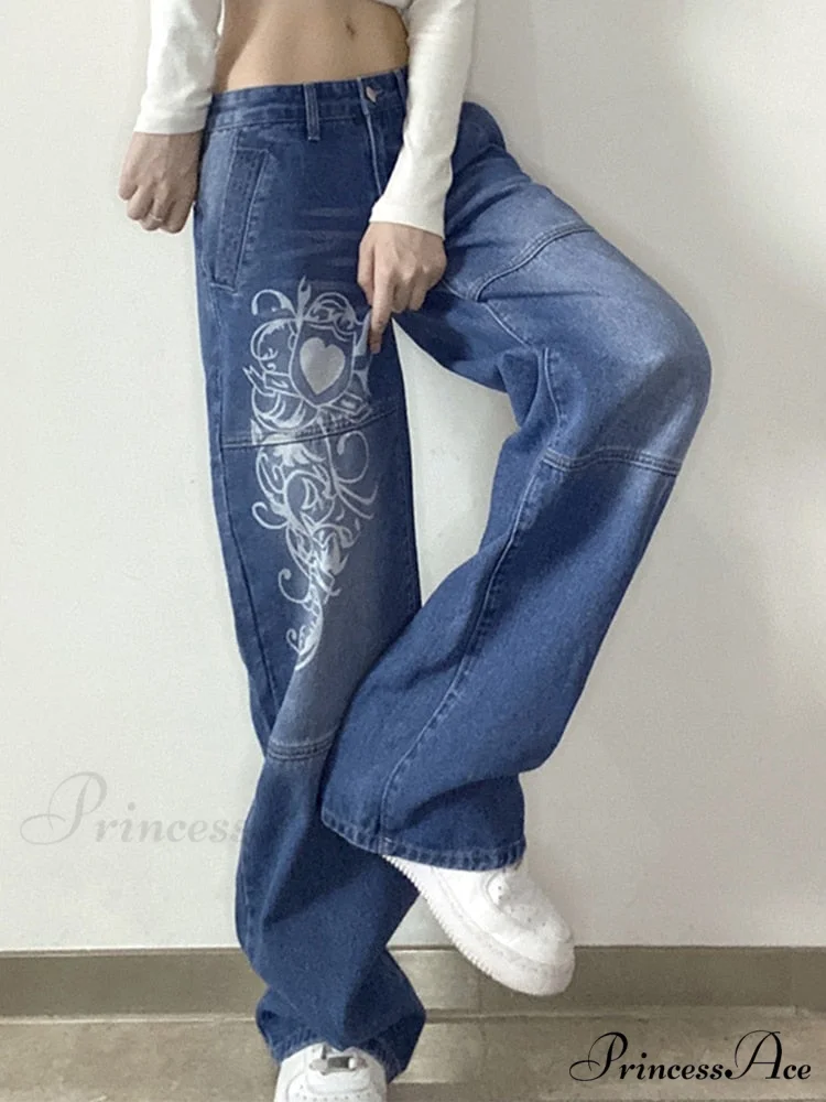 Wide Leg Oversize Y2K Patterned Baggy Winter Cargo Casual Jeans Low Autumn Waist Women's Trousers