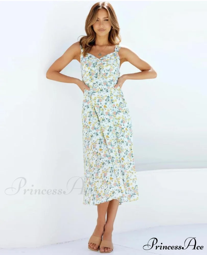 Women's Warm-Season Sleeveless Design Coastal Midi Green Casual Dress
