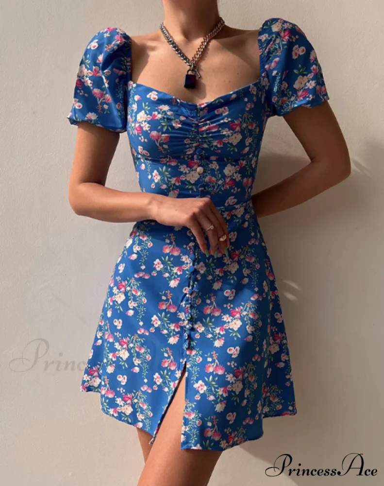 Waist Arm A-Line Puff Women's V-Neck High Flowered Dress
