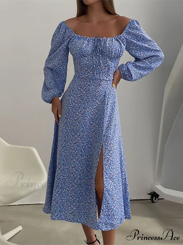 Flowered Neckline Arm Boxy Long Dress