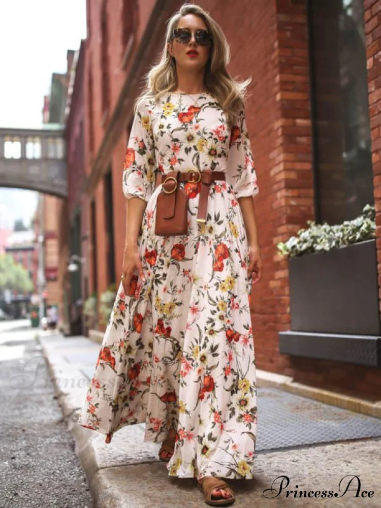 Bohemia Gown Full-Length Neck Half with Round and Flowered Sleeves