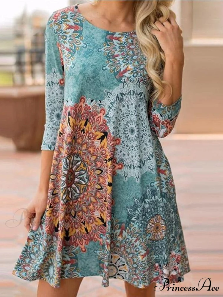 Mini Long Round-Neck Green Arm Bohemia Patterned Dress