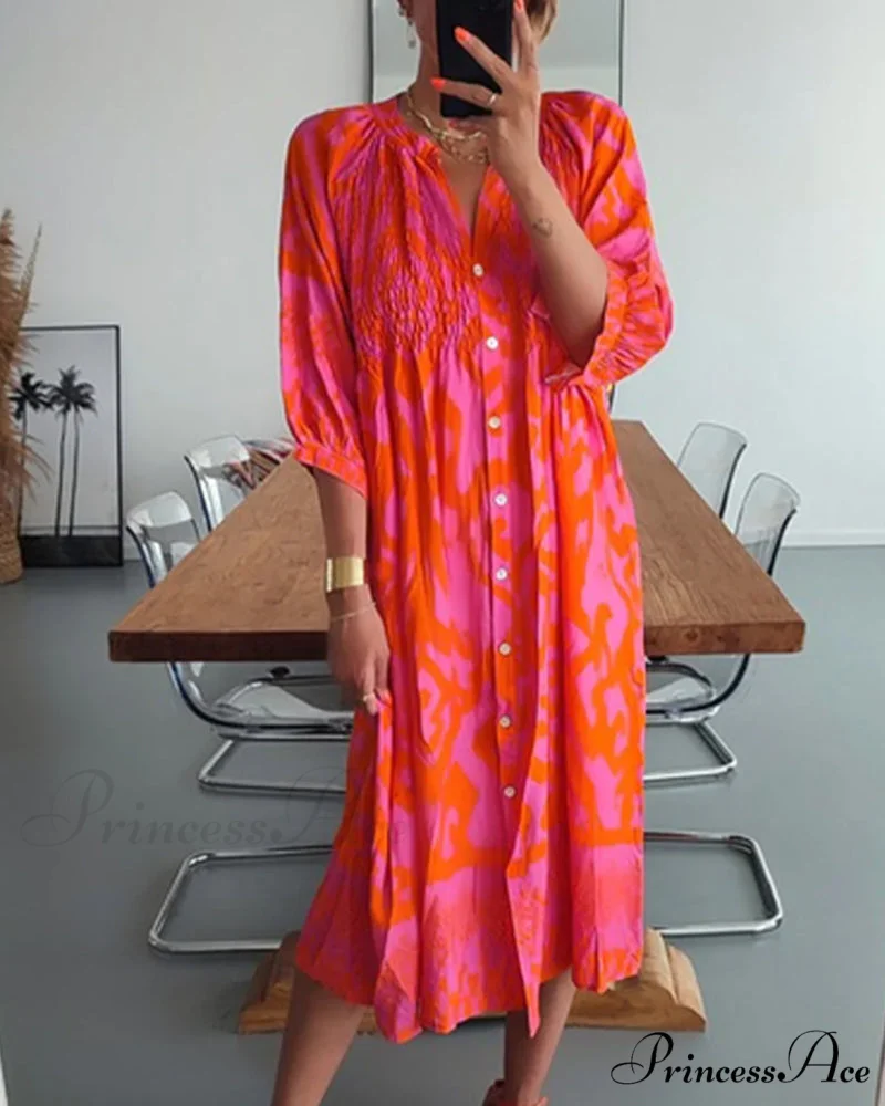 Print Midi Dress with 3/4 Sleeves