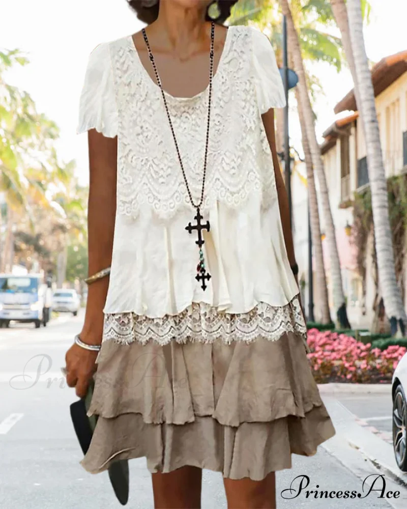 Color block lace dress with round neck