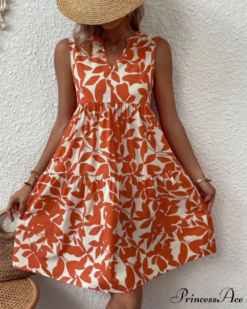 Sleeveless Dress with Leaves Print