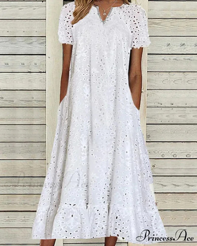 Midi Dress with Short Sleeves in Solid Color