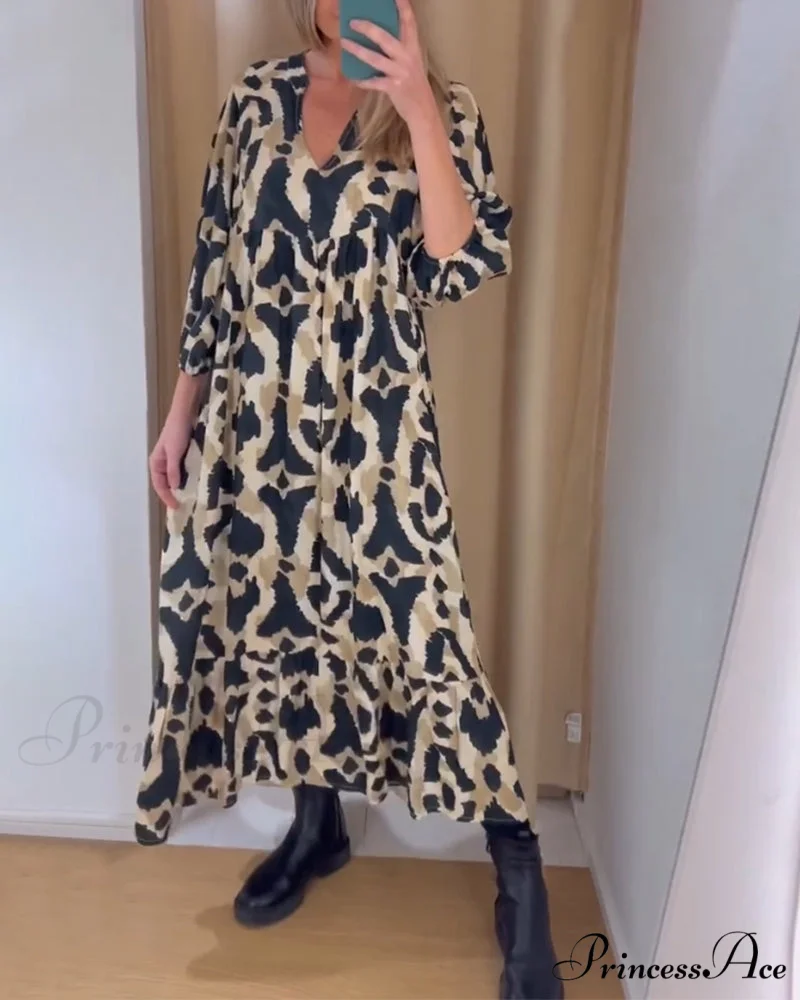 Printed V-neck Casual Long Dress