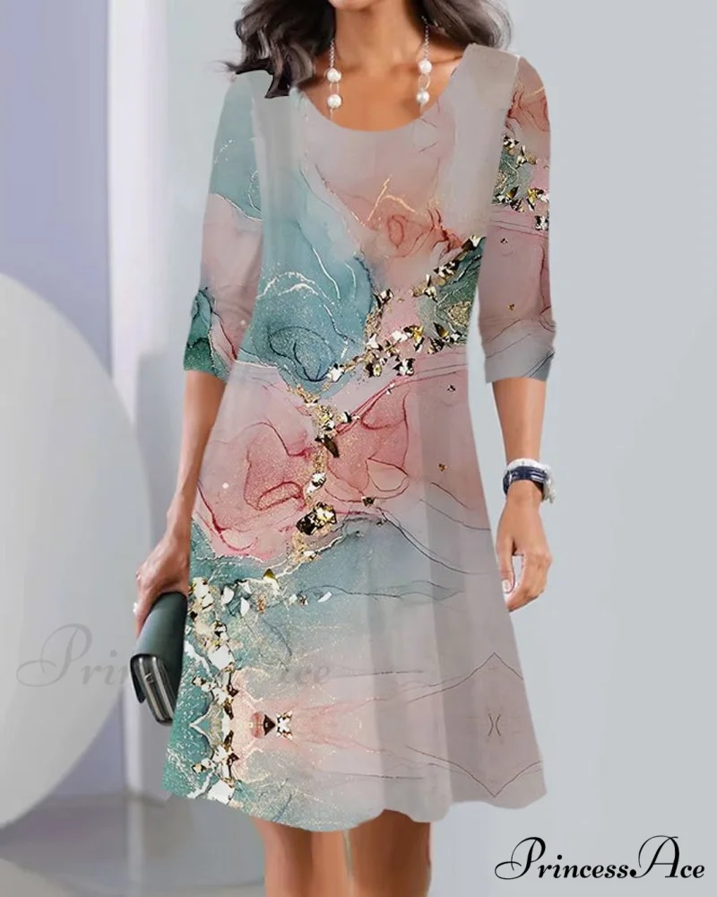 Long Sleeve Crew Neck Dress with Print