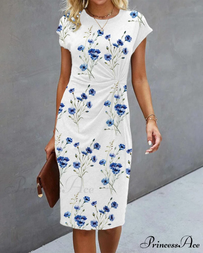 Floral Print Dress - Blue with Short Sleeves